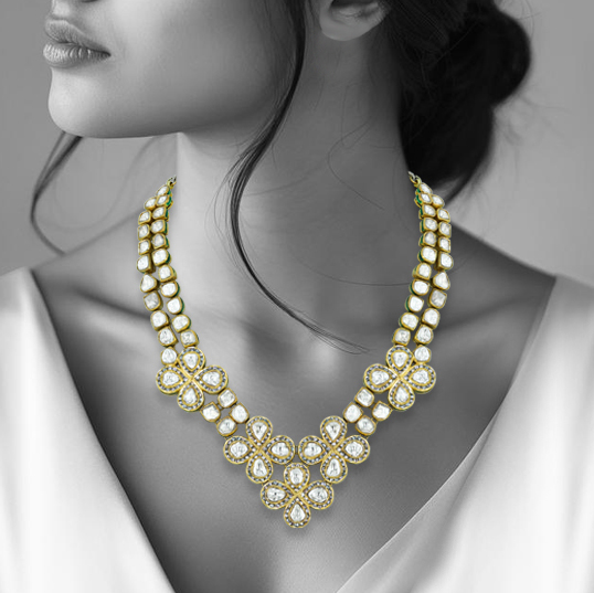 Floral Cluster Polki Necklace with Rose-Cut Diamond Accents